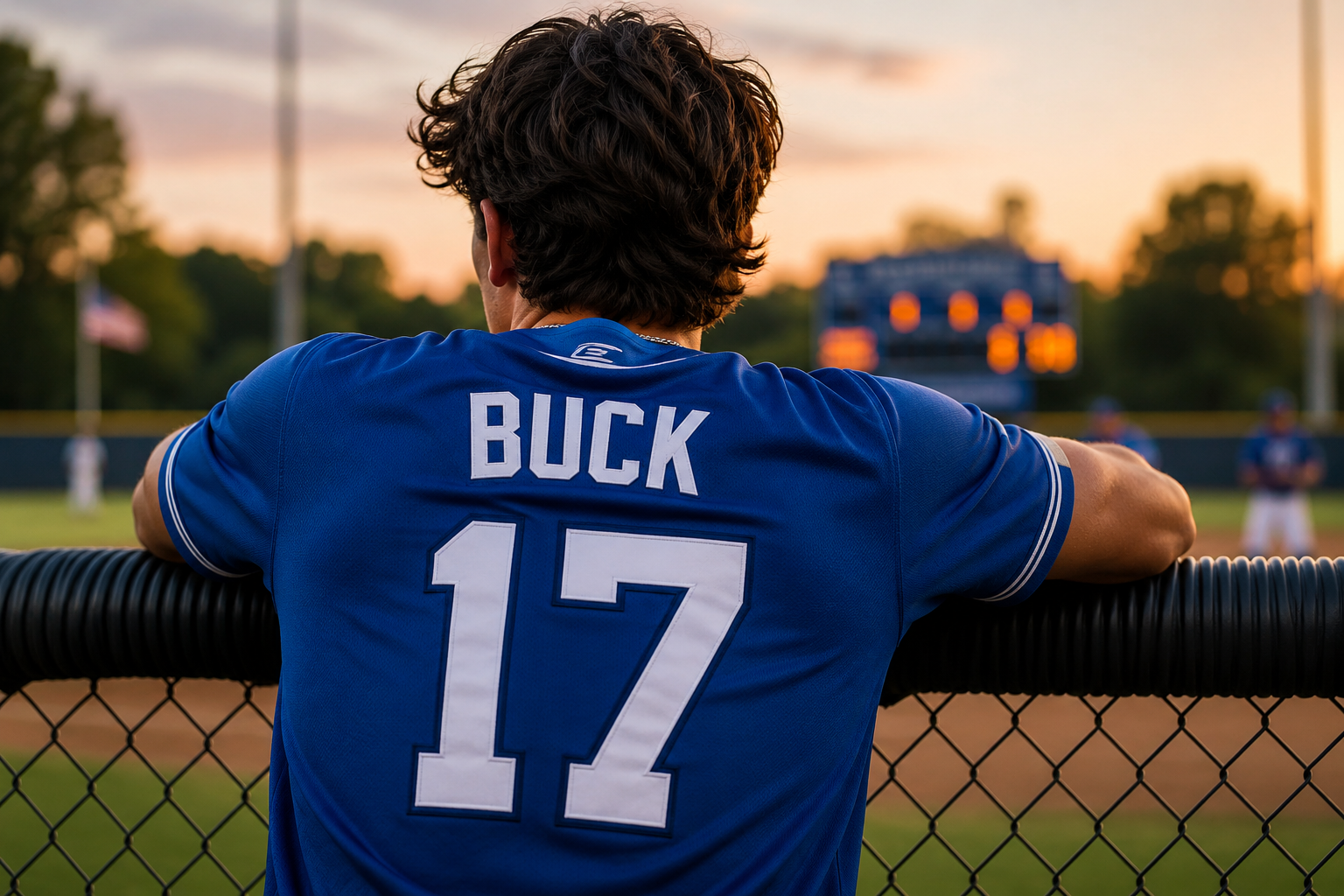 The back of a baseball jersey reading BUCK 17