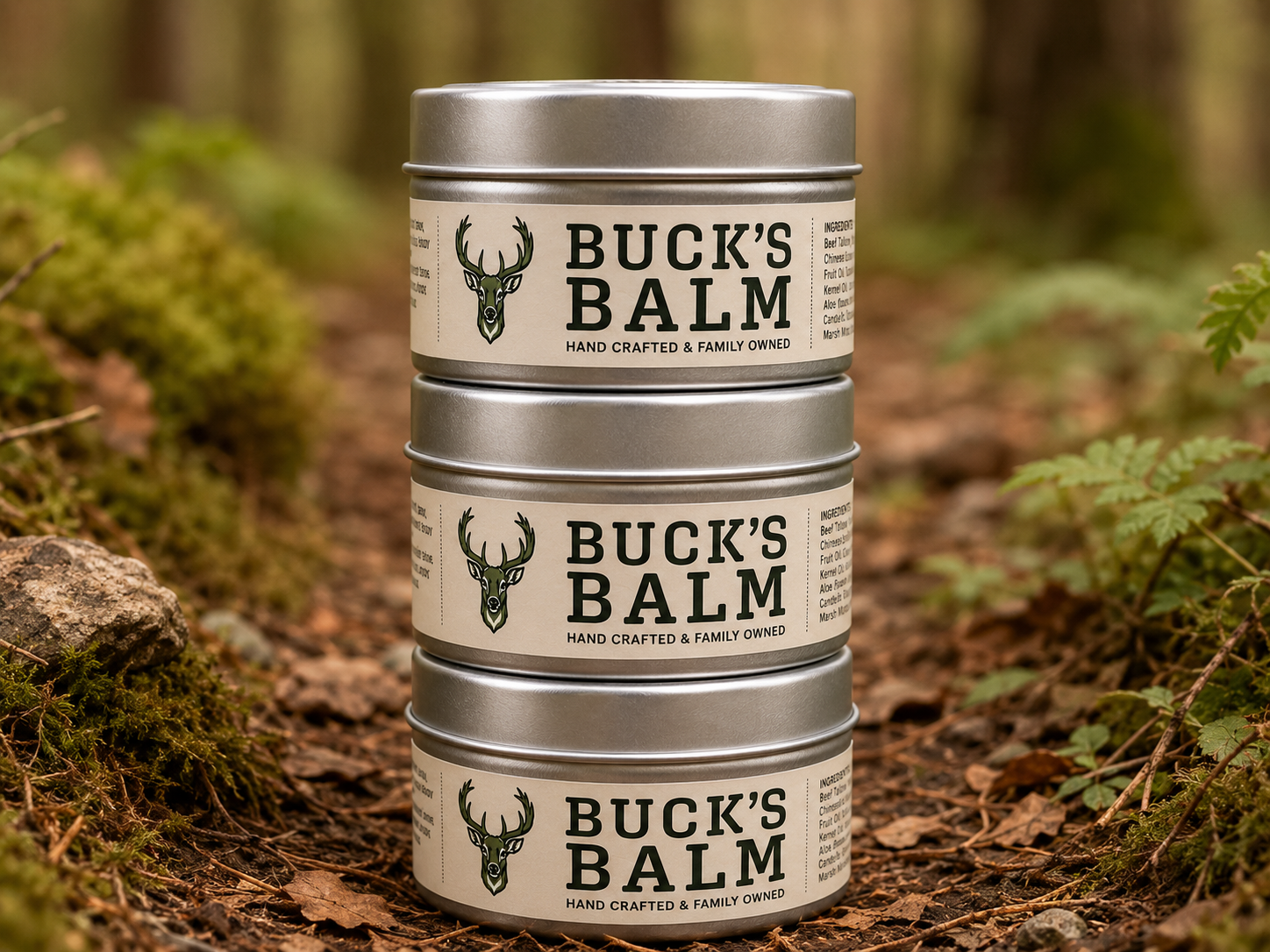 Three tins of Buck's Balm stacked on the forest floor